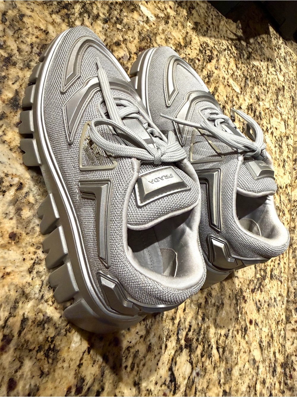 Prada Evolution Tech Women’s Chunky Lace-Up Sneakers in Light Gray and Silver - Picture 9 of 16
